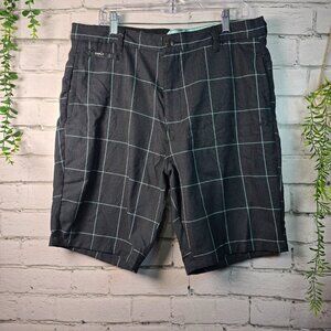 SPLIT USA MENS SHORT BLACK GRAY SM HOUNDSTOOTH PRINT TEAL ACCENT SIZE 36 EUC